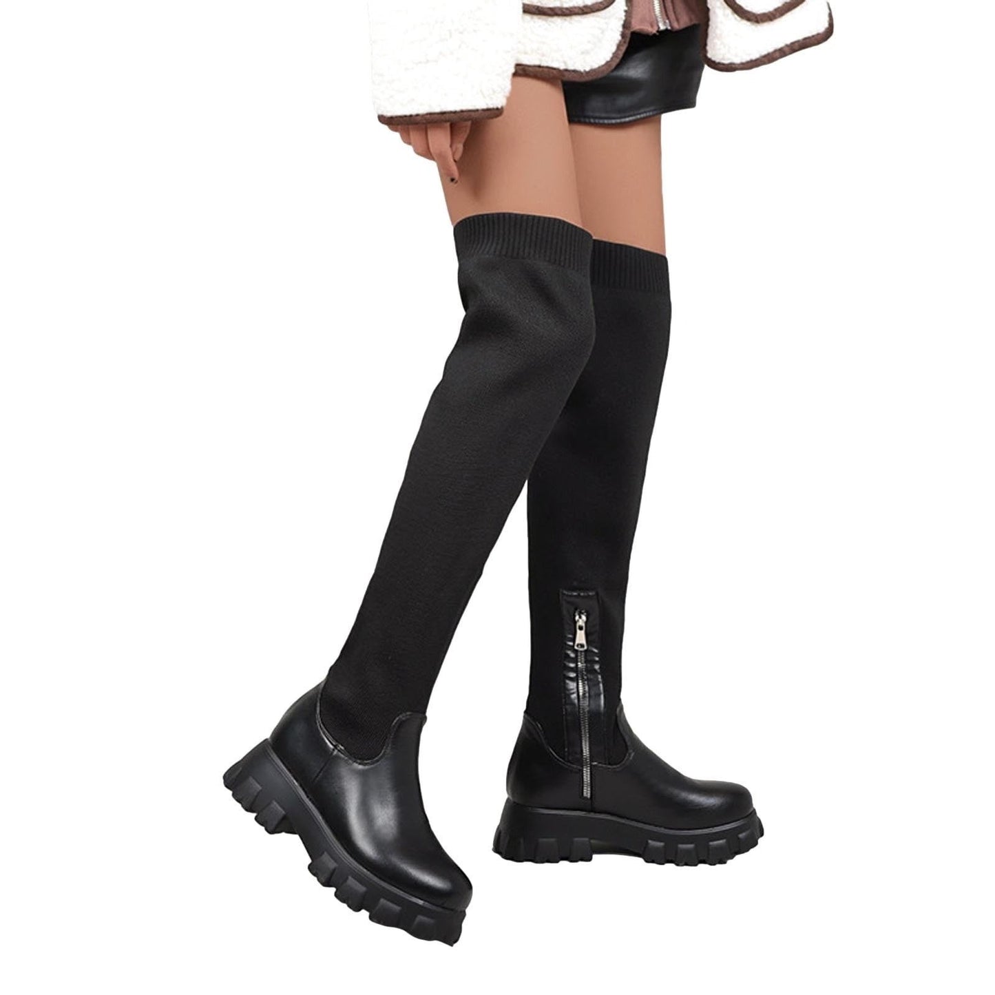 Trendy Platform Knee Knitted Slim Boots