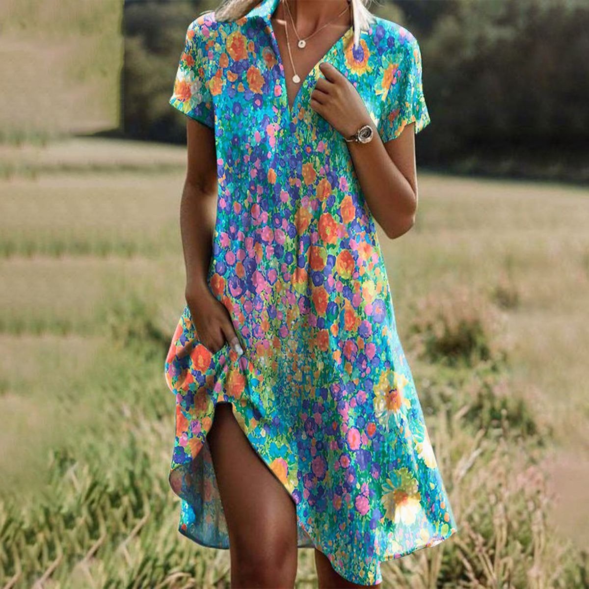 Youthful V-Neck Floral Print Mini Dress
