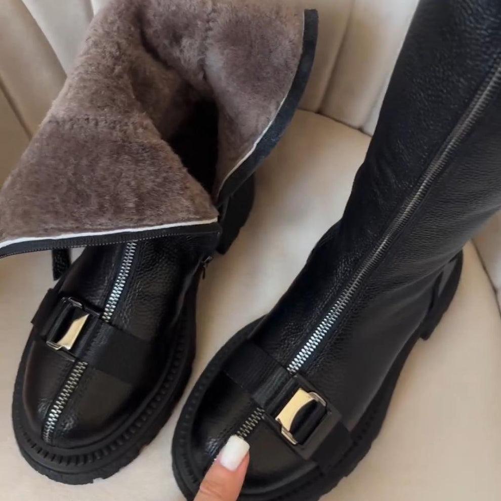 Natural Leather Front Zip-Up Boots
