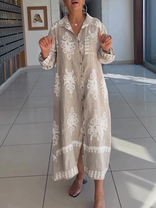 Women's Lapel Printed Cotton and Linen Dress
