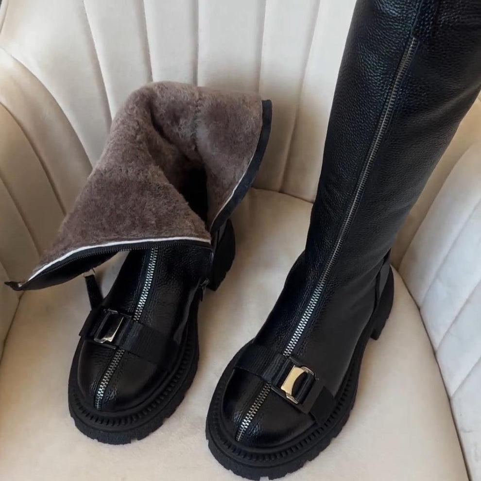 Natural Leather Front Zip-Up Boots