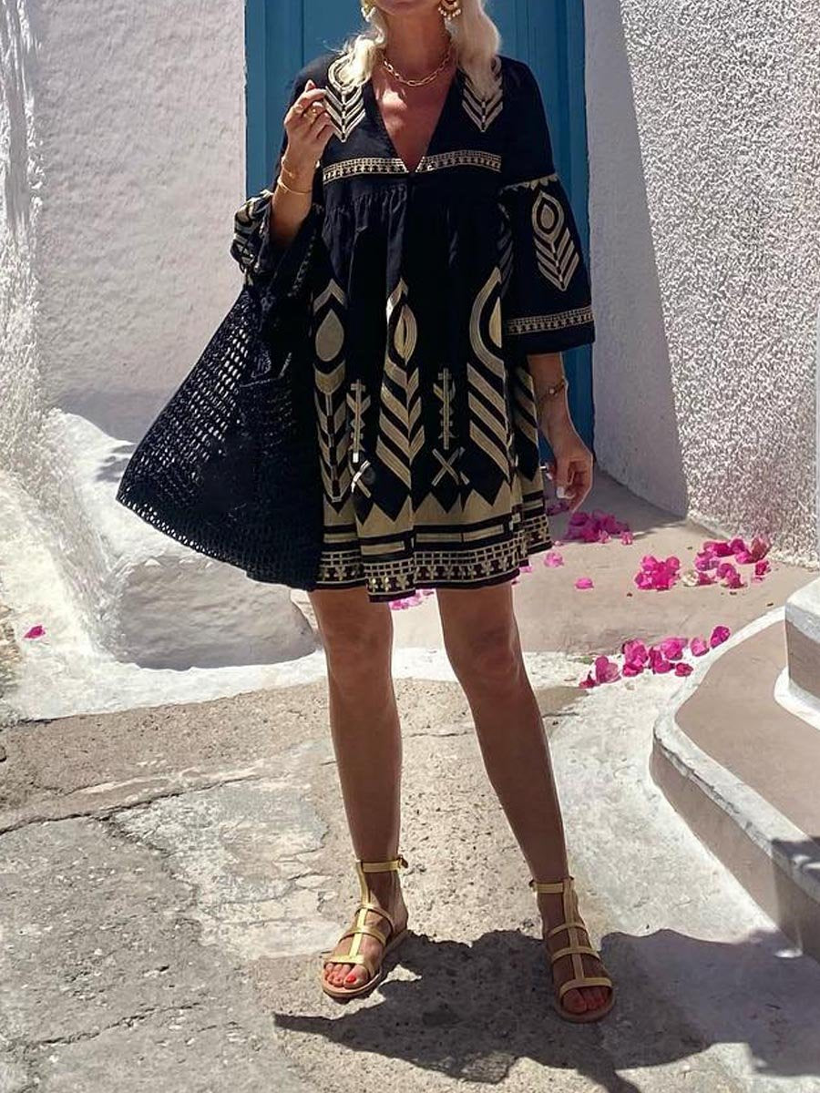 V Neck Loose Printed Bohemia Mini Dress