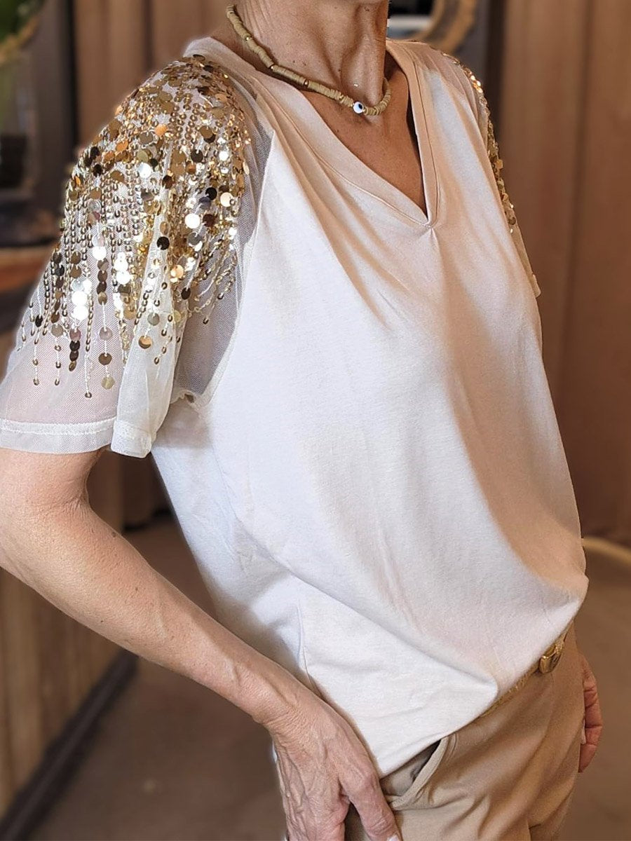 Tulle Patchwork Sequin Sleeve T-shirt