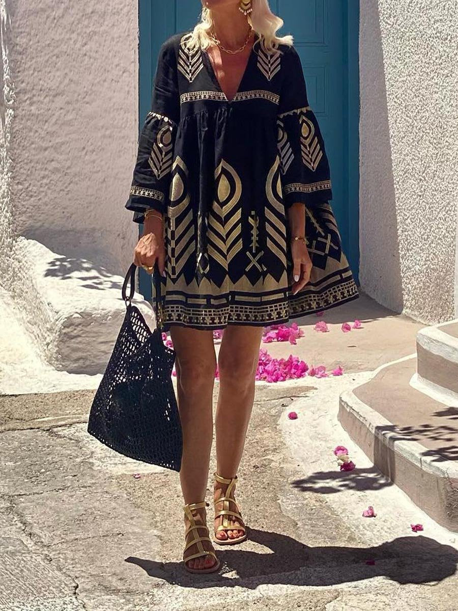 V Neck Loose Printed Bohemia Mini Dress