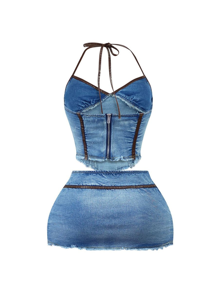 Denim Halter Neck Top & Skirt Set
