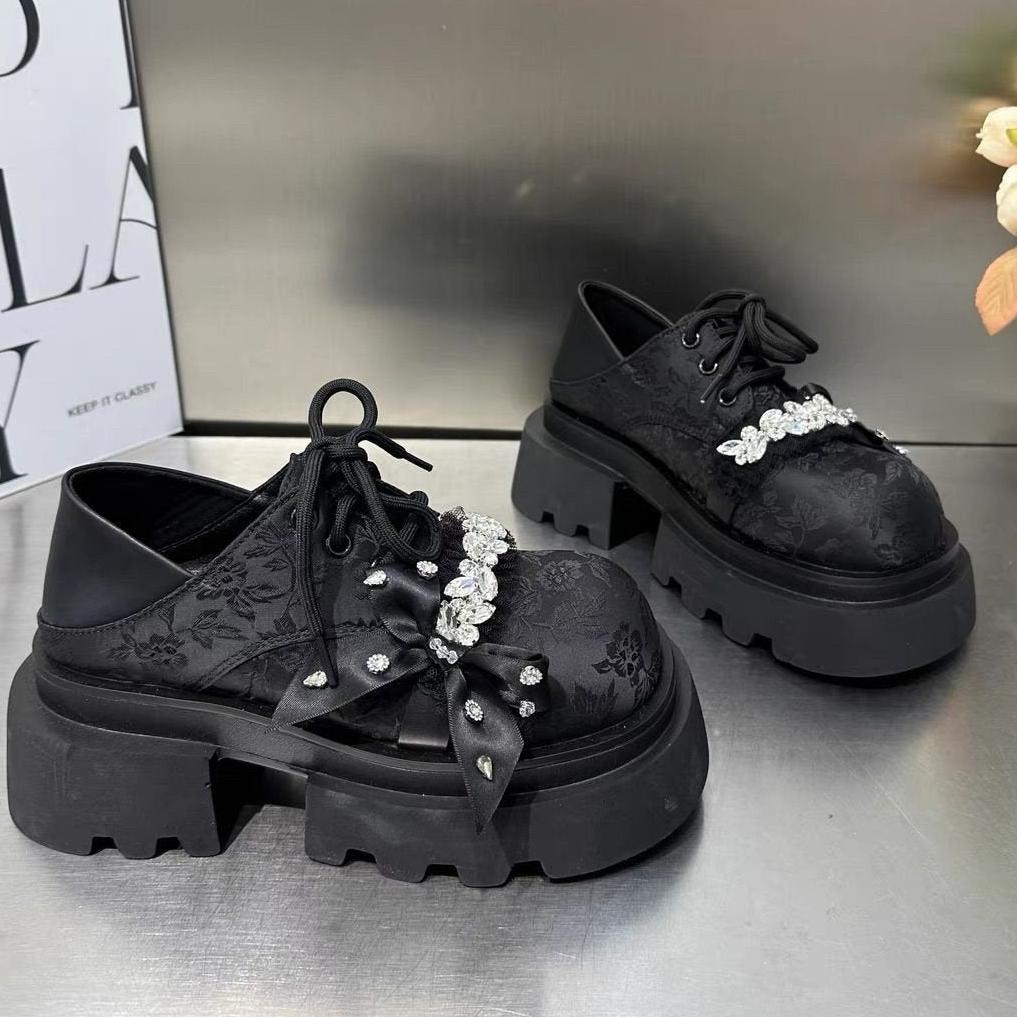Rhinestone Retro Print Thick Sole Shoes