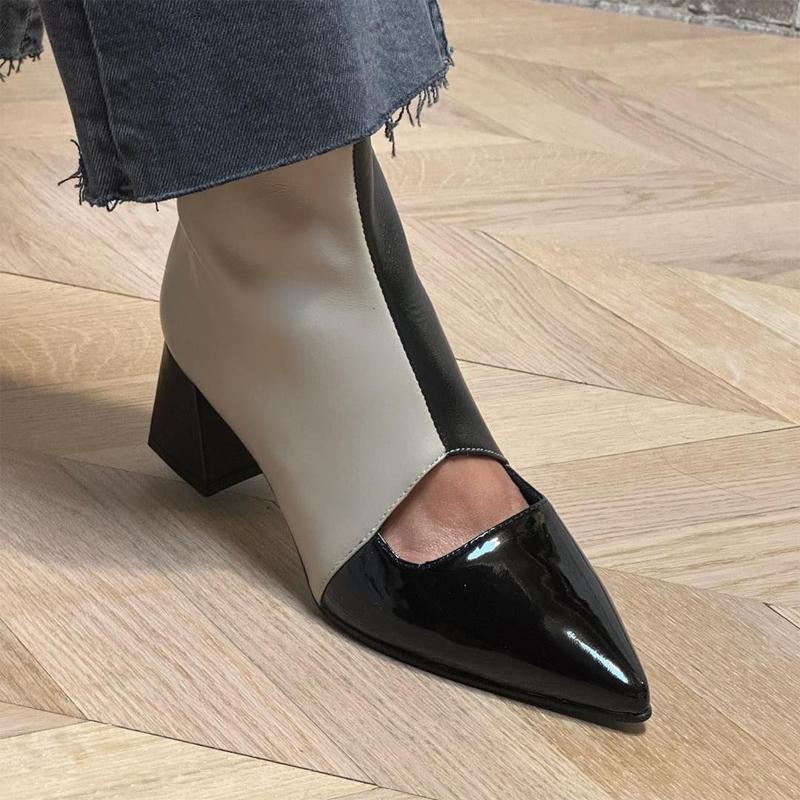 Fashion Color Block Pointed Toe Thick Heel Shoes