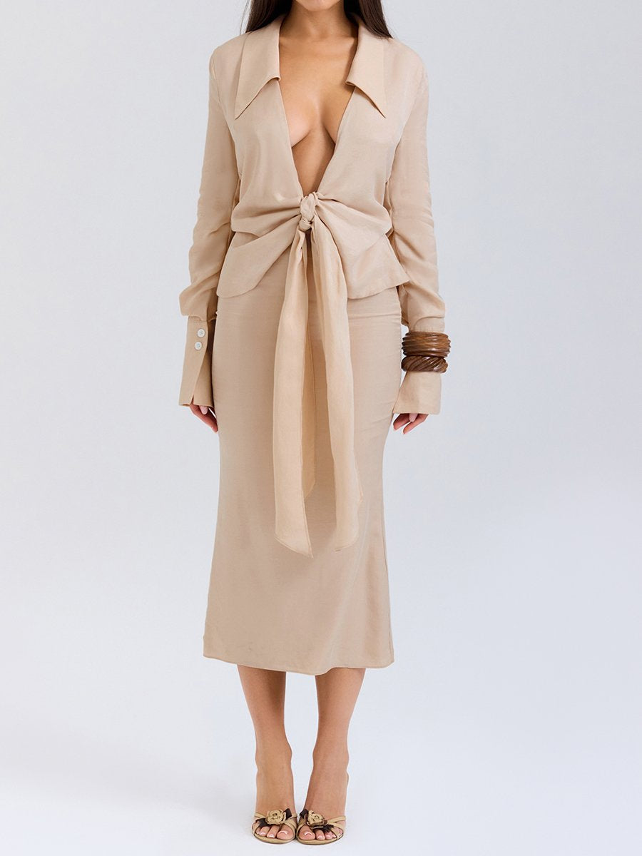 Plunge Lace Up Shirt Midi Dress