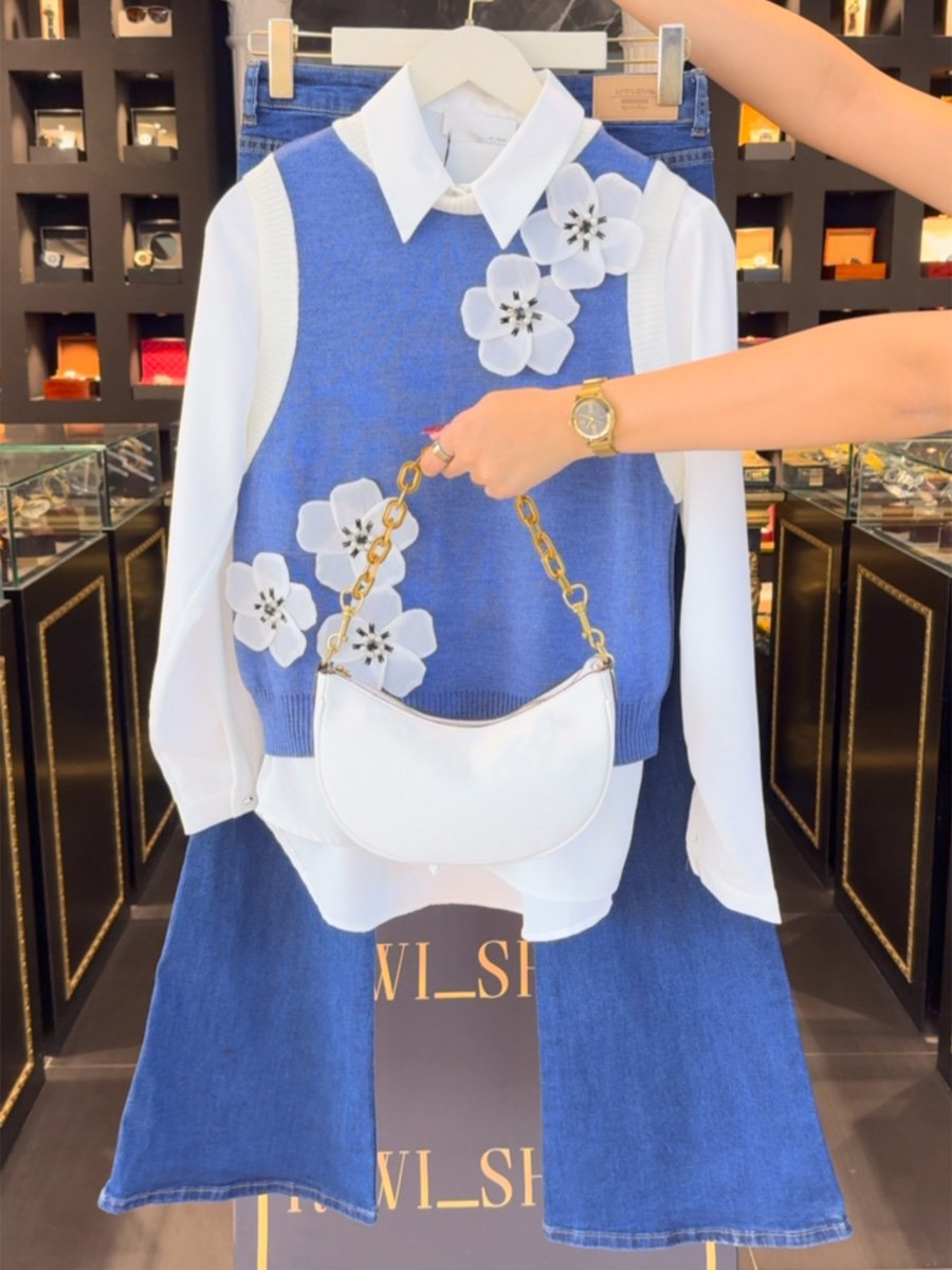 3D Flower Patchwork Fake Two-piece Shirt