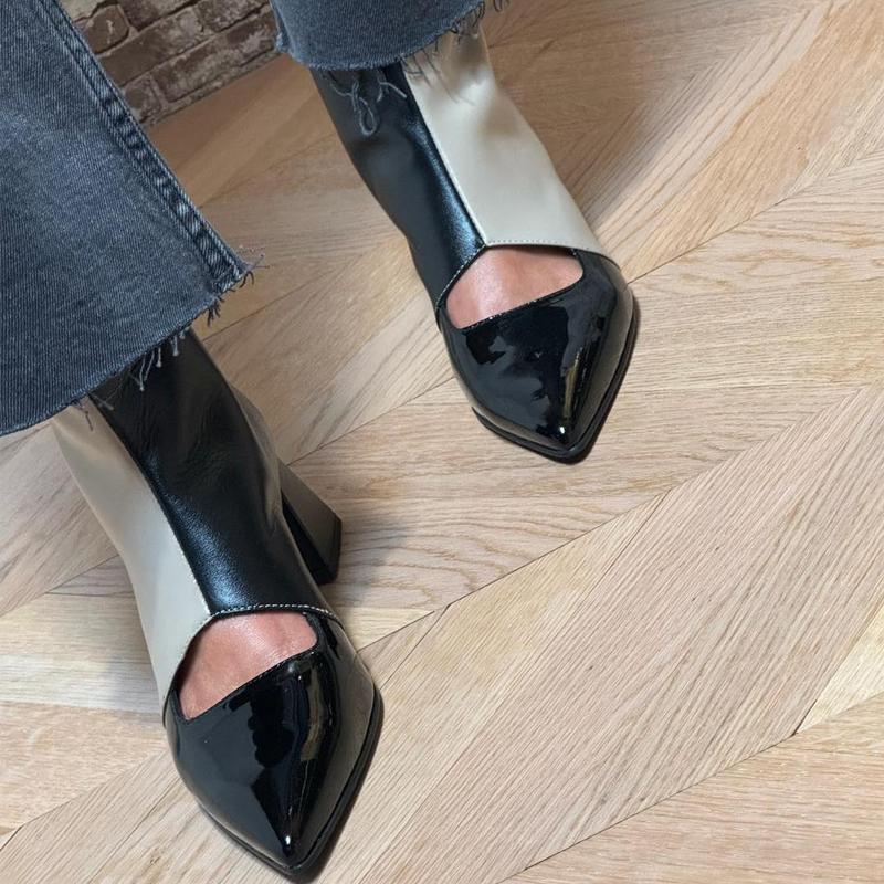 Fashion Color Block Pointed Toe Thick Heel Shoes