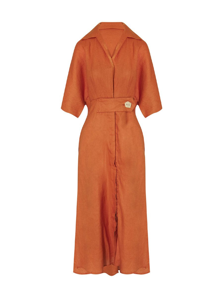 Slit Hem Solid Short Sleeve Midi Shirtdress