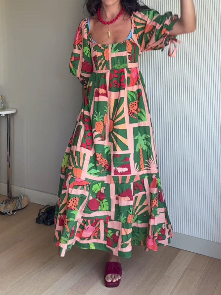 Scoop Neck Printed Puff Sleeve Maxi Dress