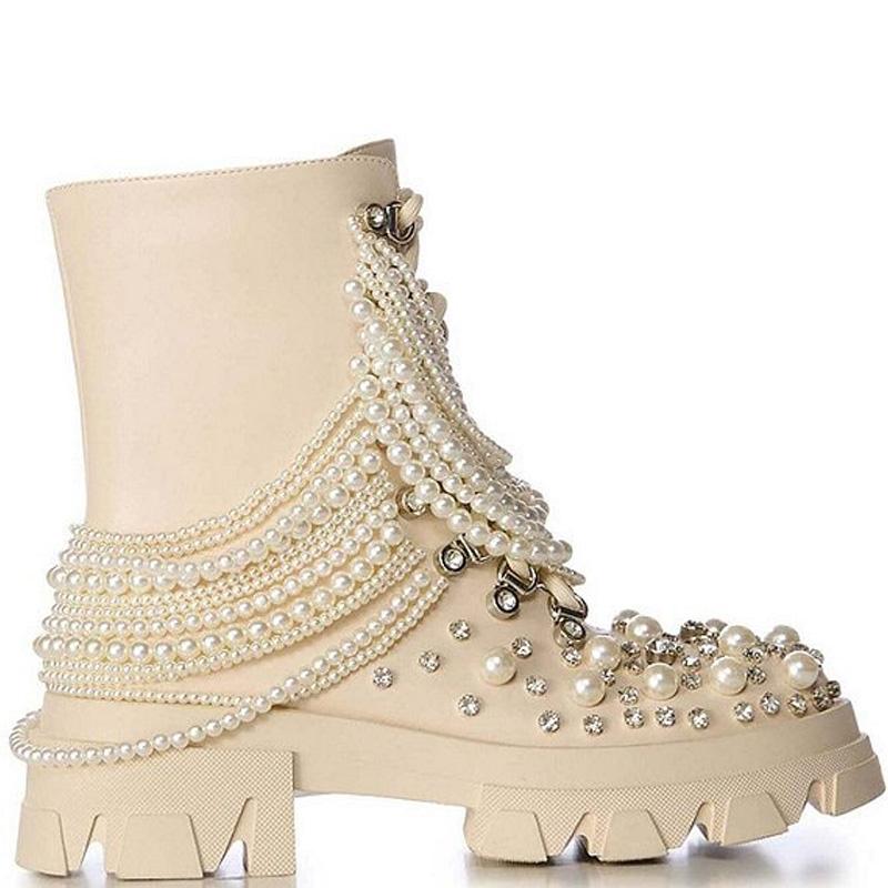 Pearl Rhinestone Embellished Combat Boots