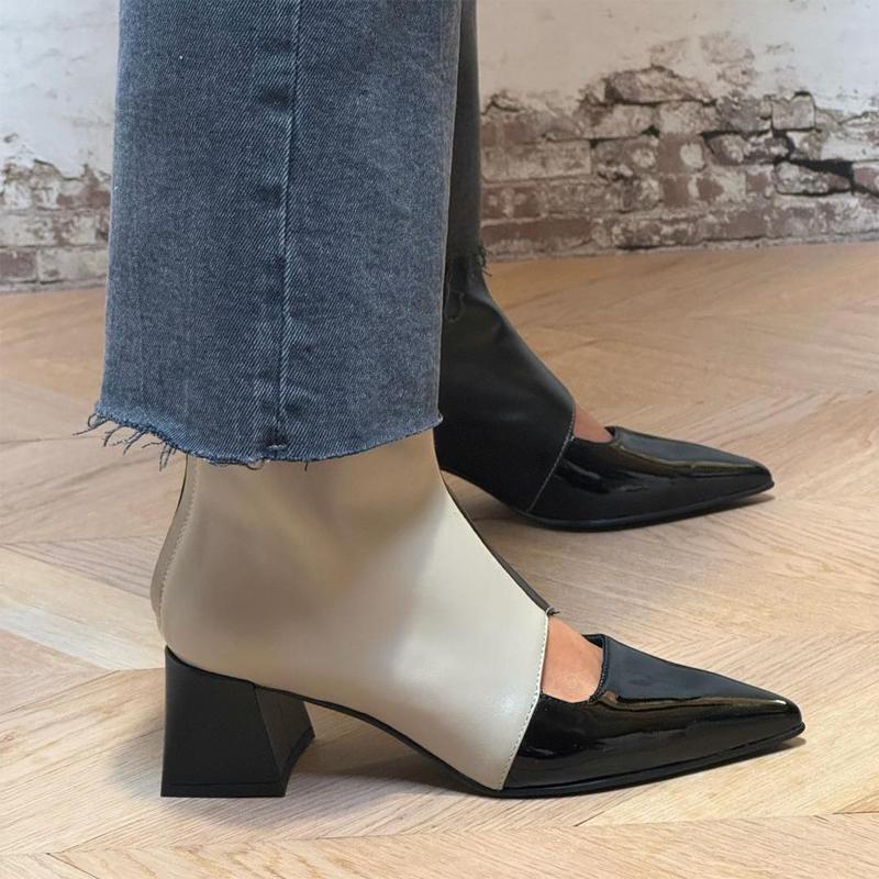 Fashion Color Block Pointed Toe Thick Heel Shoes