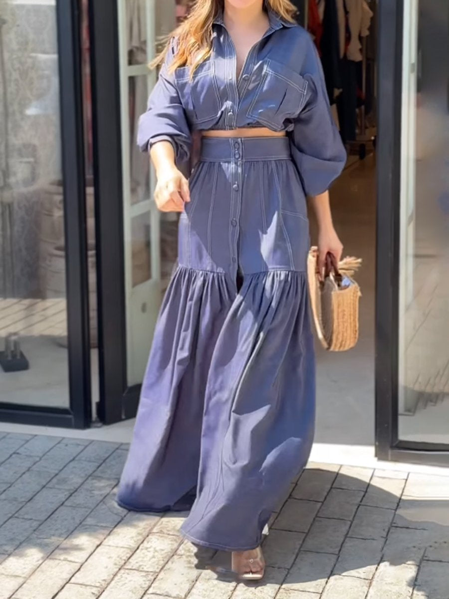 Denim Lantern Sleeve Two Pieces Dress