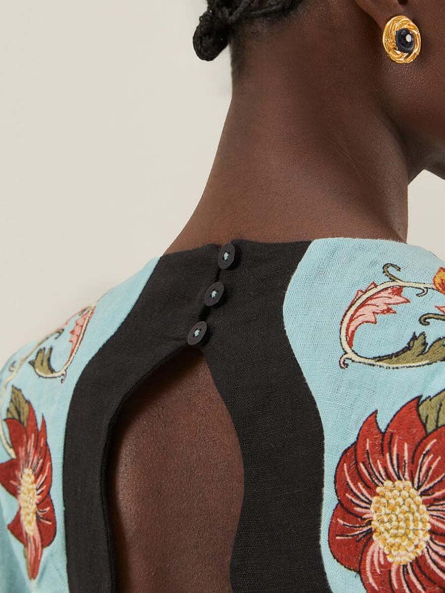 Deep V Neck Printed Backless Long Sleeve Dress