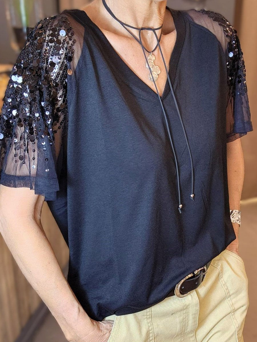Tulle Patchwork Sequin Sleeve T-shirt