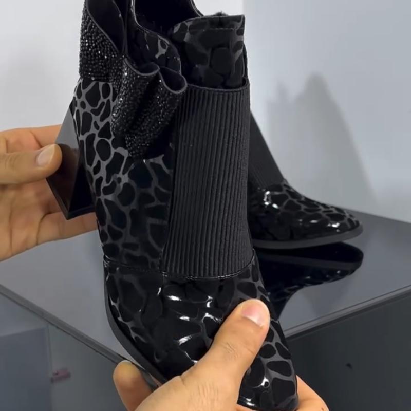 Rhinestone Bow Chunky Low Heel Ankle Boots