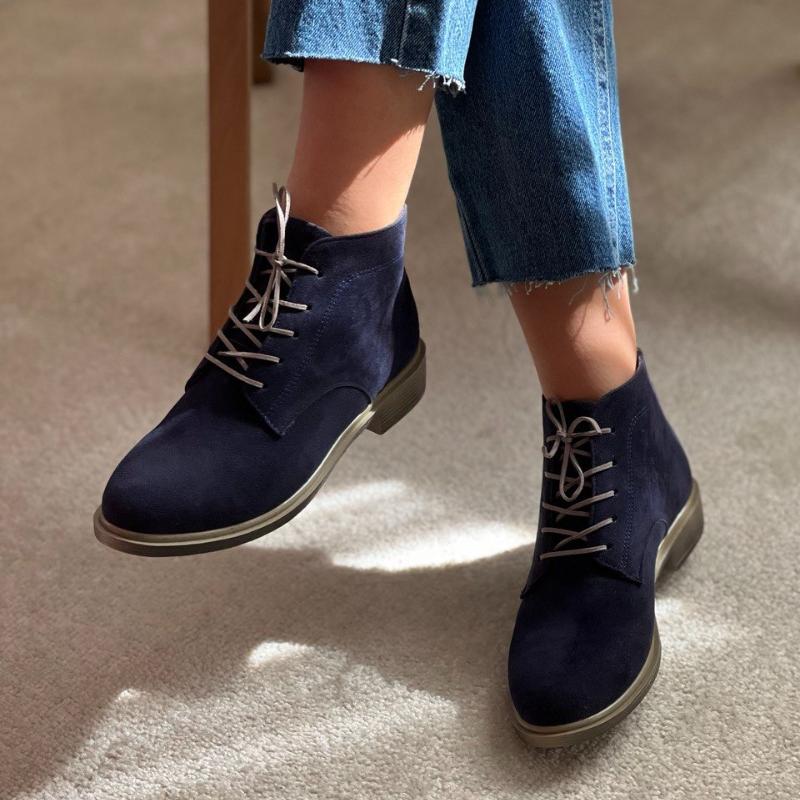 Navy Blue Suede Lace-Up Boots