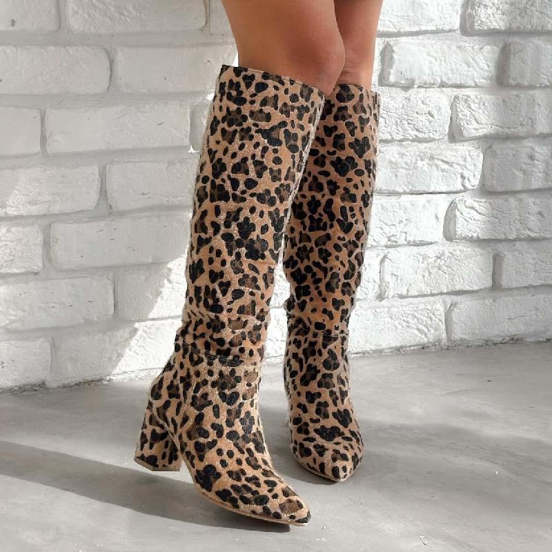 Pointed Leopard Chunky Heel Boots