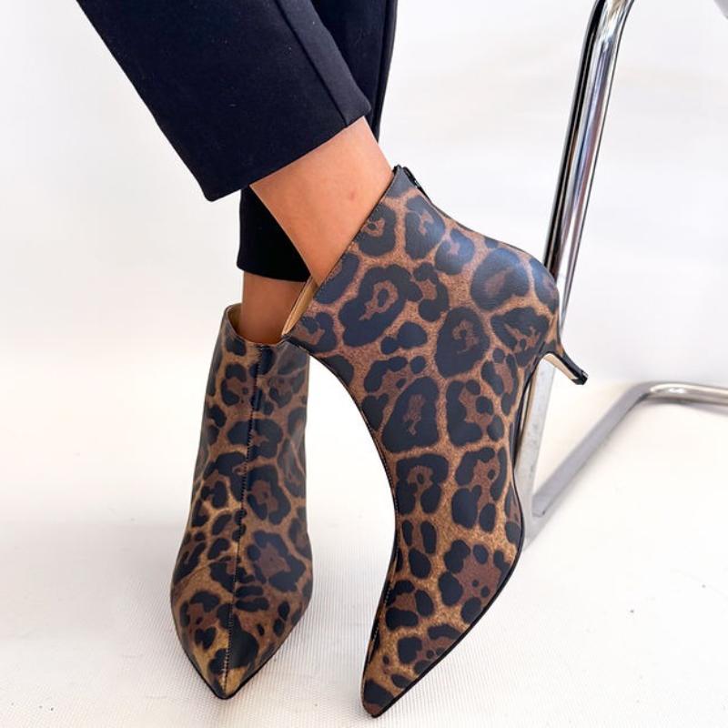 Leopard Pointed Toe Leather Ankle Boots