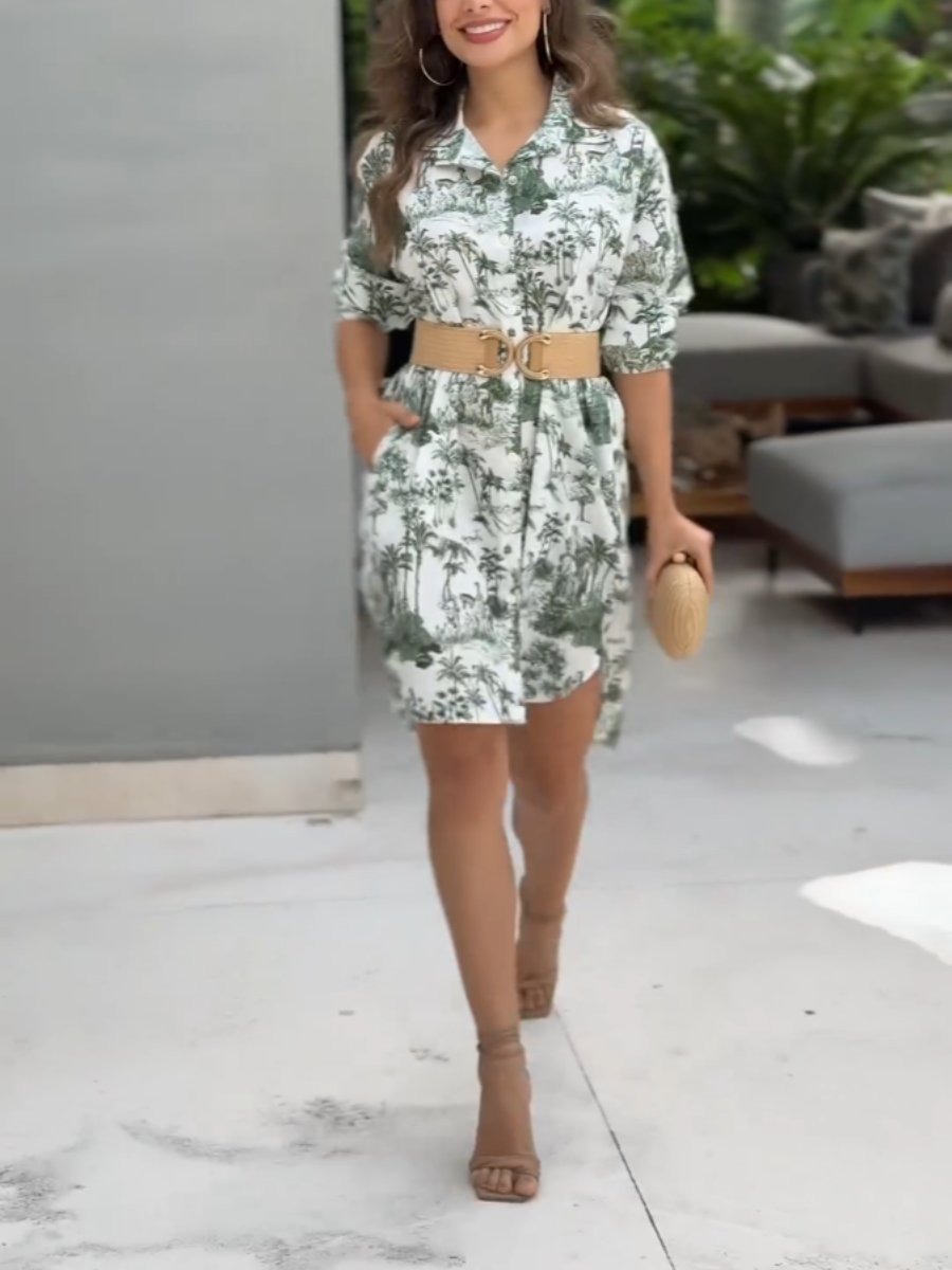 Button Up Green Printed Mini Dress