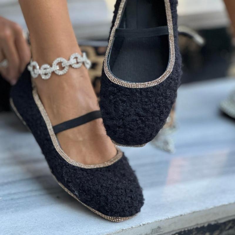Rhinestone Sparkle Ballet Flats - Black
