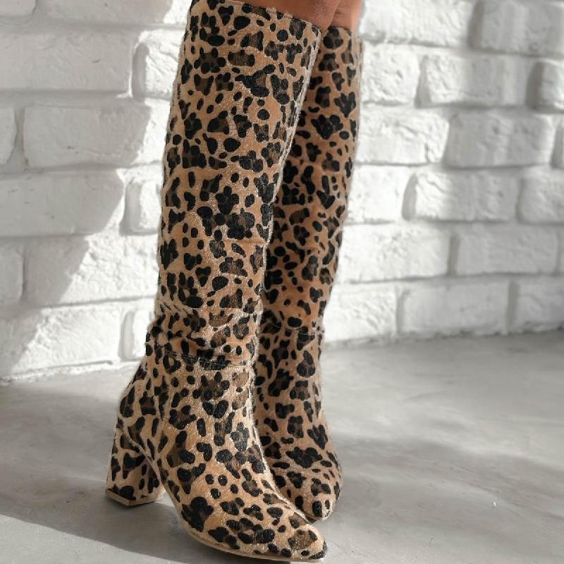 Pointed Leopard Chunky Heel Boots
