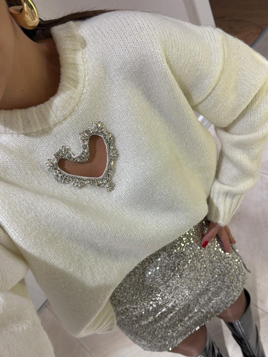 Front Stone Heart Detailed Knitwear Sweater