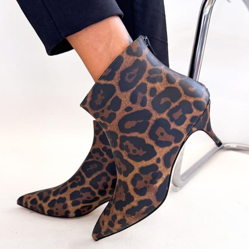 Leopard Pointed Toe Leather Ankle Boots