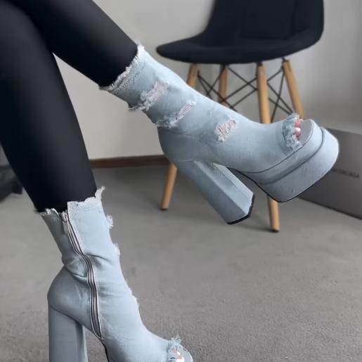 Denim hollow high-heeled sandals
