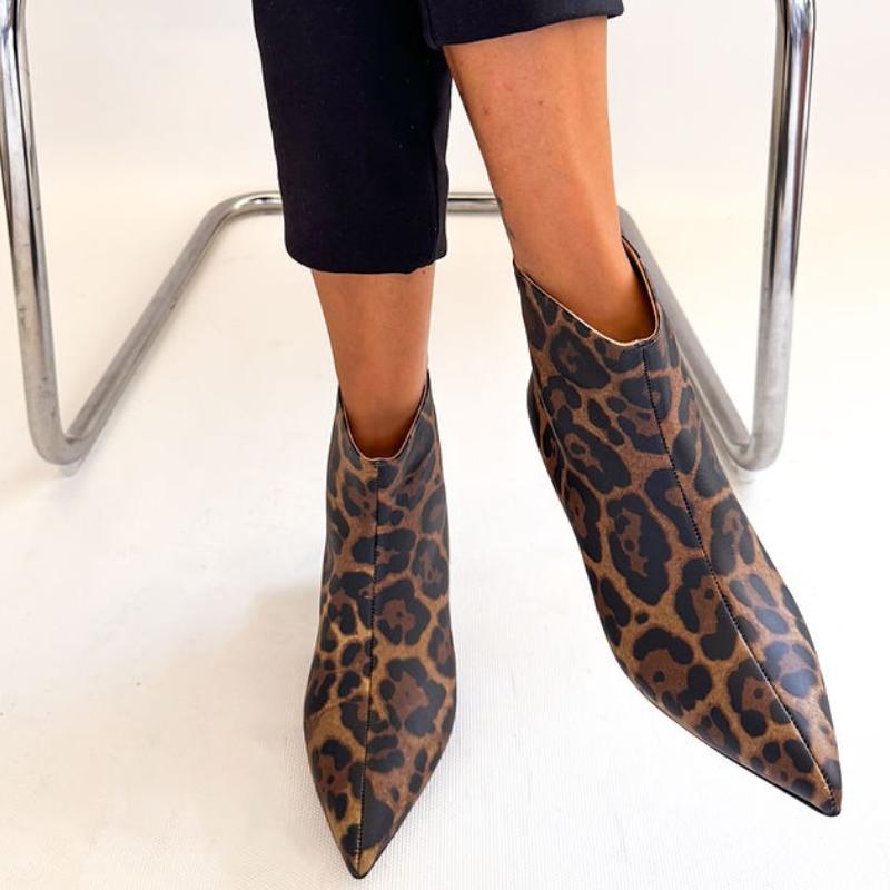 Leopard Pointed Toe Leather Ankle Boots