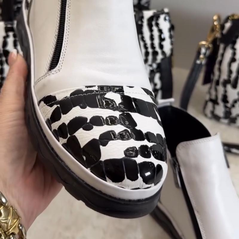 White Natural Leather Zip-Up Ankle Boots
