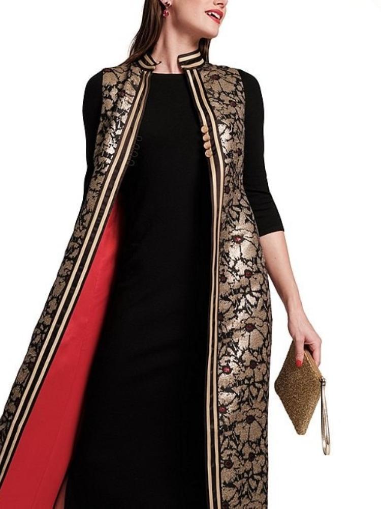 Floral Metallic Jacquard Mandarin Collar Sleeveless Jacket