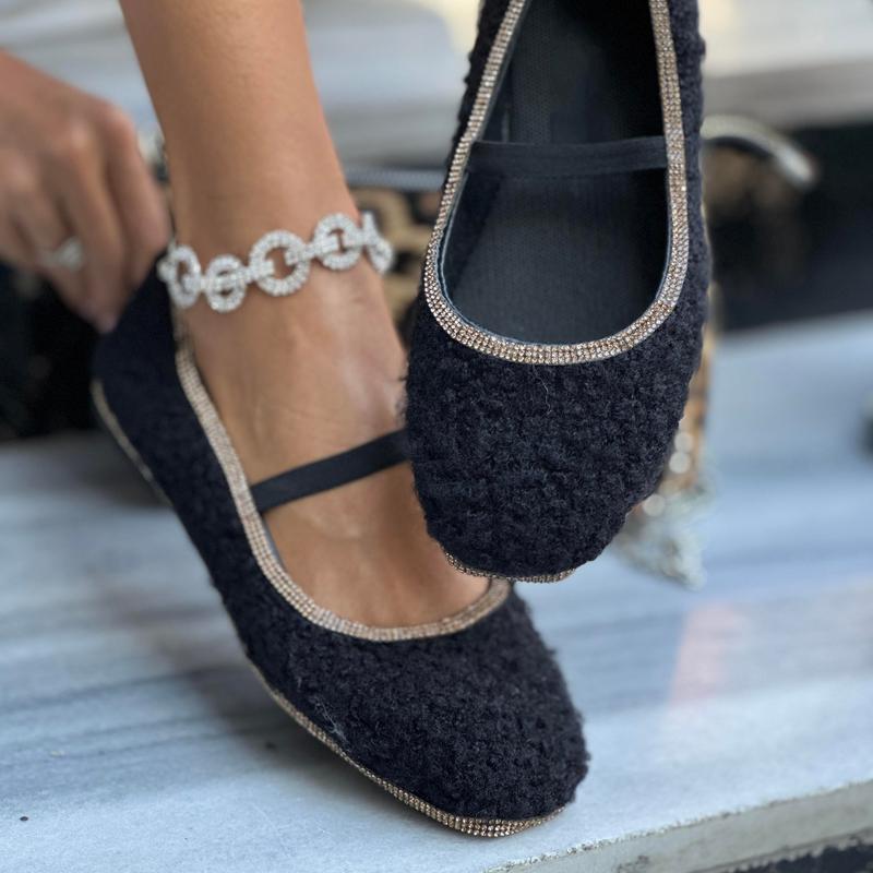 Rhinestone Sparkle Ballet Flats - Black