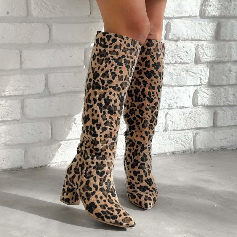 Pointed Leopard Chunky Heel Boots