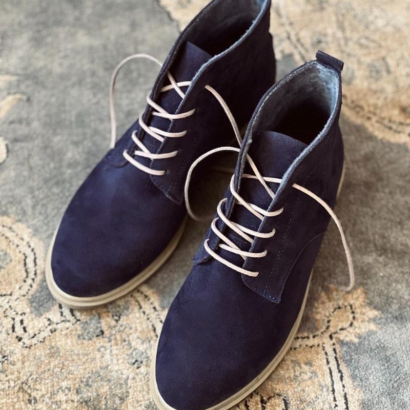 Navy Blue Suede Lace-Up Boots