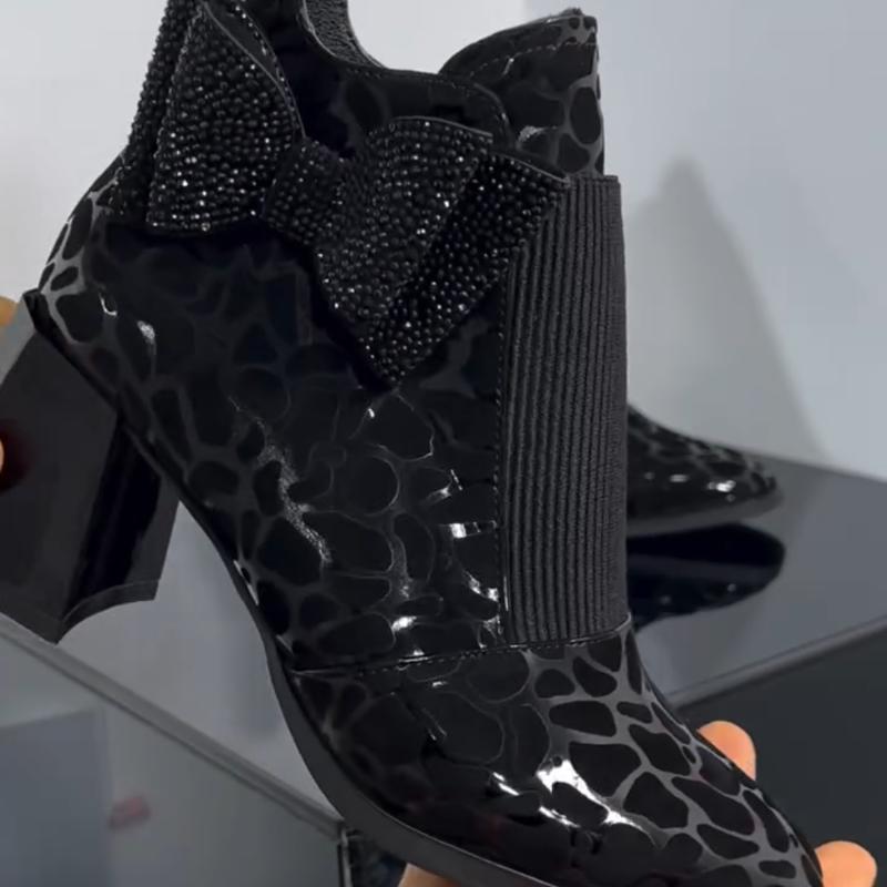 Rhinestone Bow Chunky Low Heel Ankle Boots
