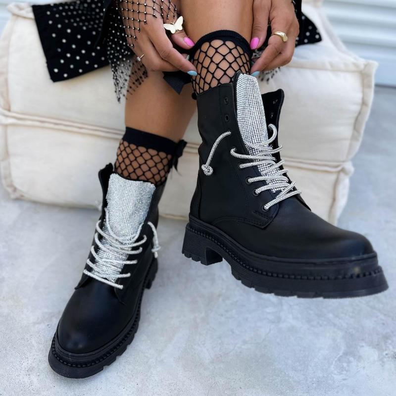 Fashion Rhinestone Lace-Up Ankle Boots