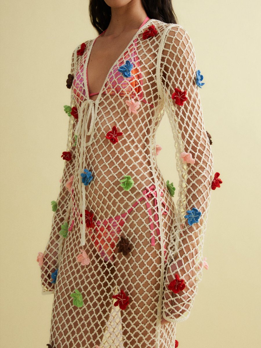 Knitted Beach Dress With Decorative Flowers