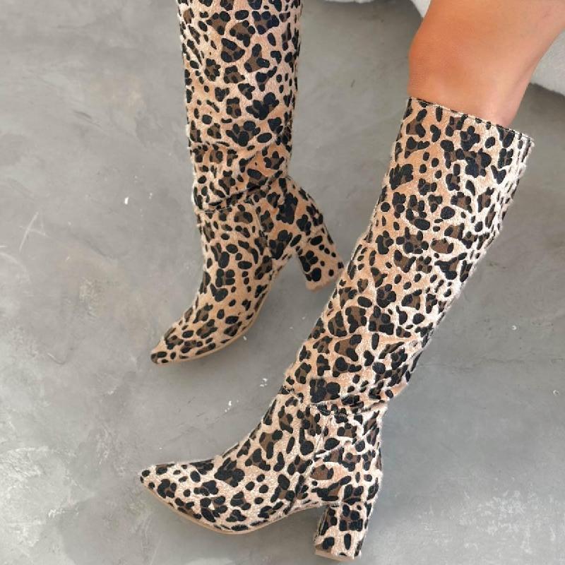 Pointed Leopard Chunky Heel Boots
