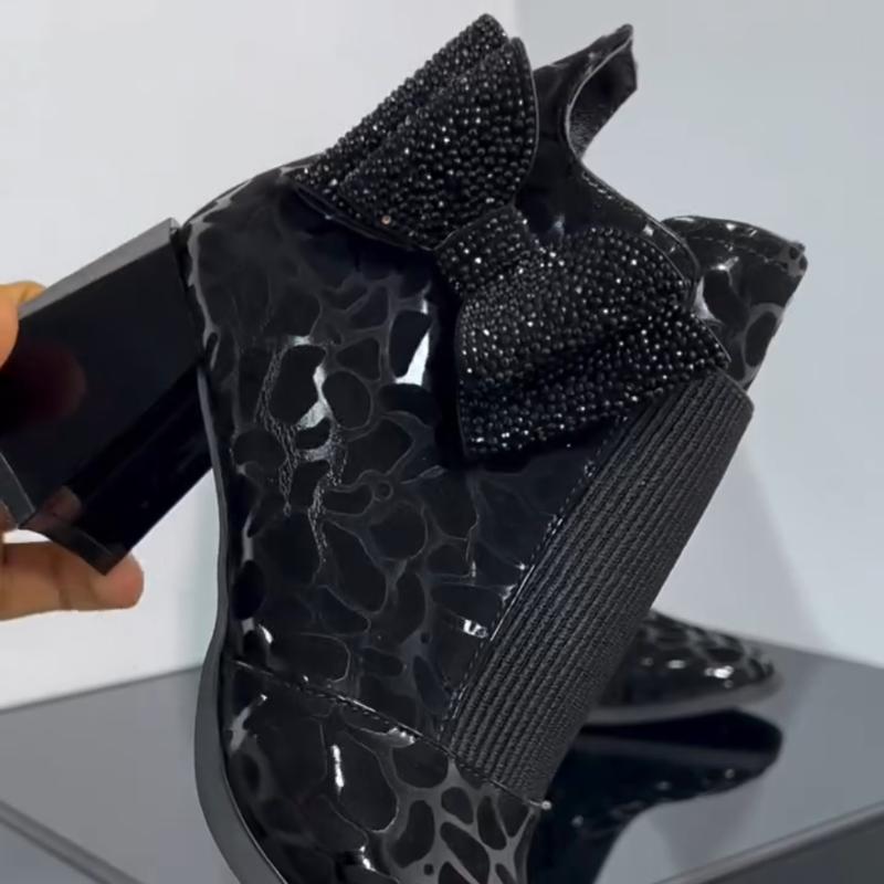 Rhinestone Bow Chunky Low Heel Ankle Boots