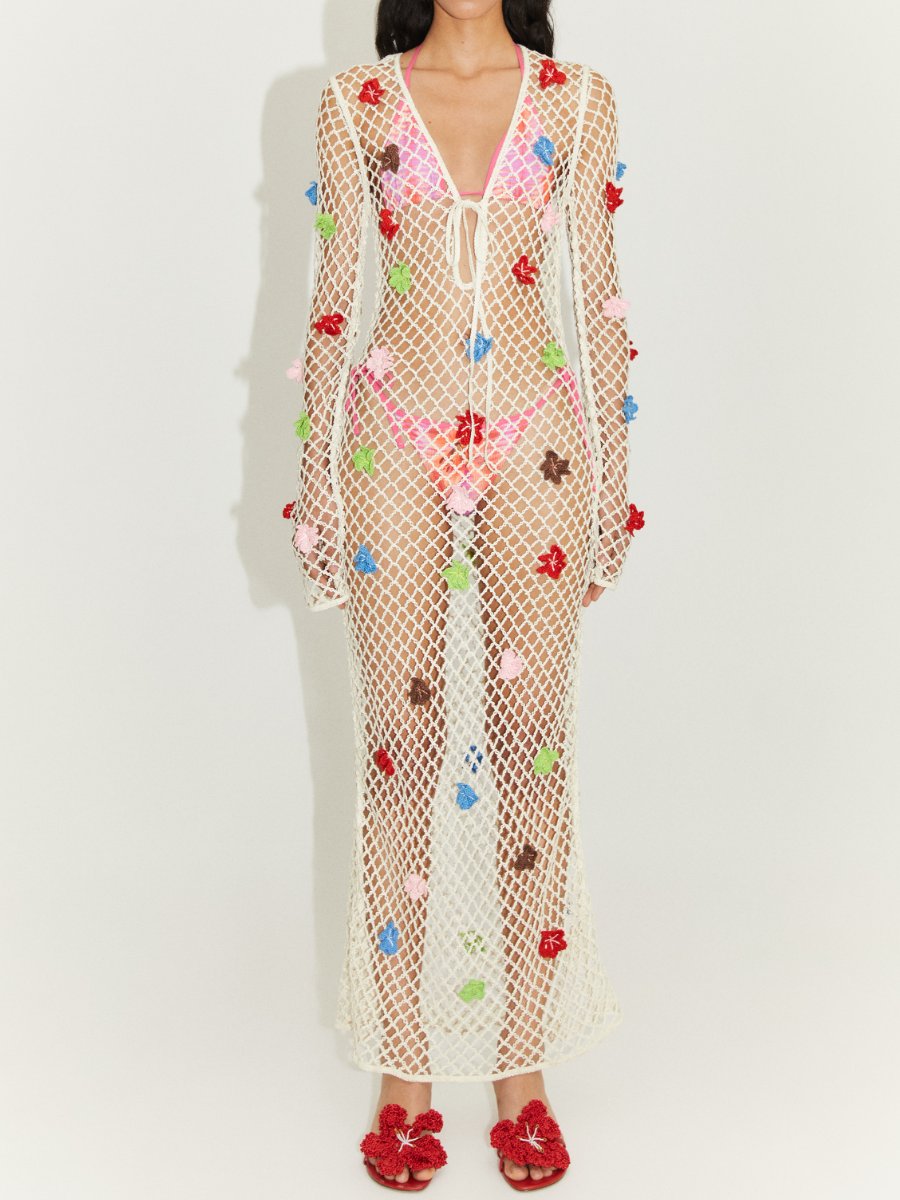 Knitted Beach Dress With Decorative Flowers