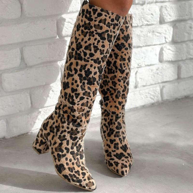 Pointed Leopard Chunky Heel Boots