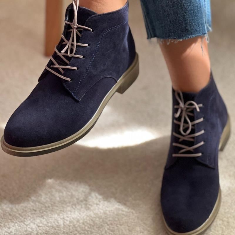 Navy Blue Suede Lace-Up Boots