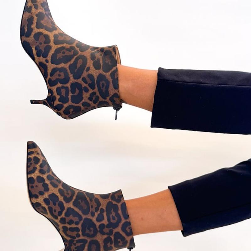 Leopard Pointed Toe Leather Ankle Boots