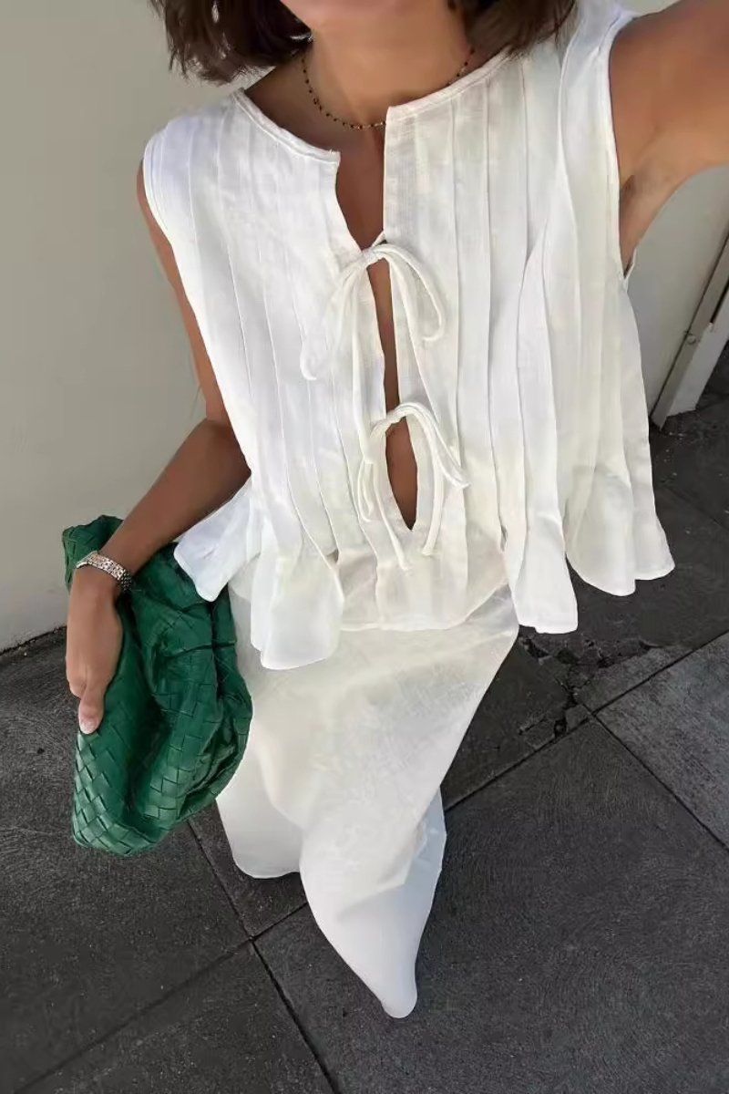 White Sleeveless Long Dress Set