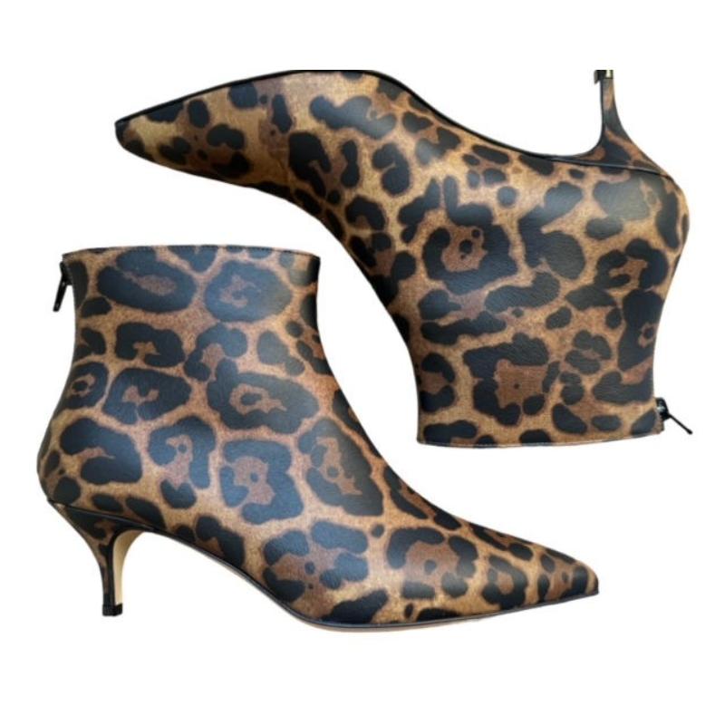 Leopard Pointed Toe Leather Ankle Boots