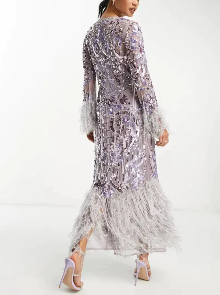 Sequin Fringe Trim Long Sleeve Cocktail Dress