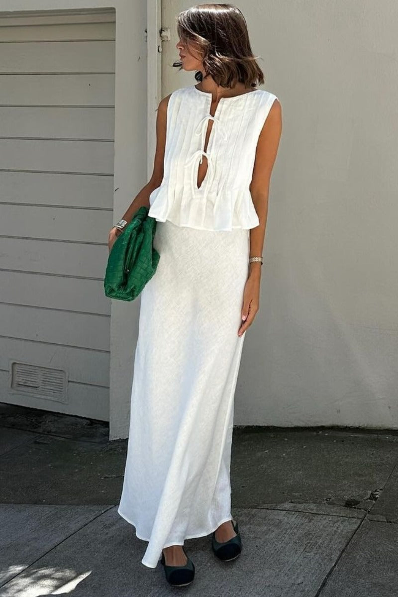 White Sleeveless Long Dress Set